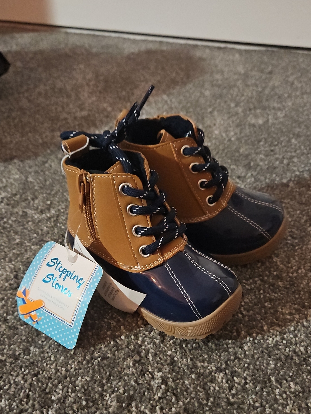 Kids Navy and Tan Lace-Up Boots By Stepping Stones